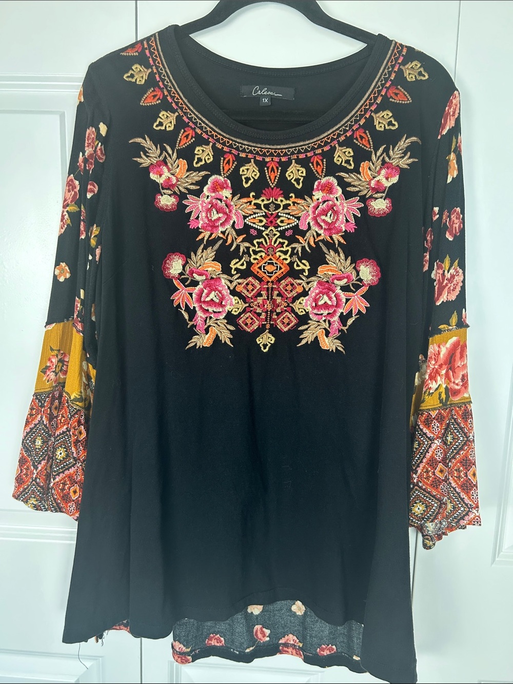 Calessa Black Tunic with Pink & Gold Floral Embroidery Size 1X